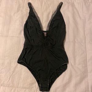 Black small Victoria’s Secret bodysuit plunge mesh detailing